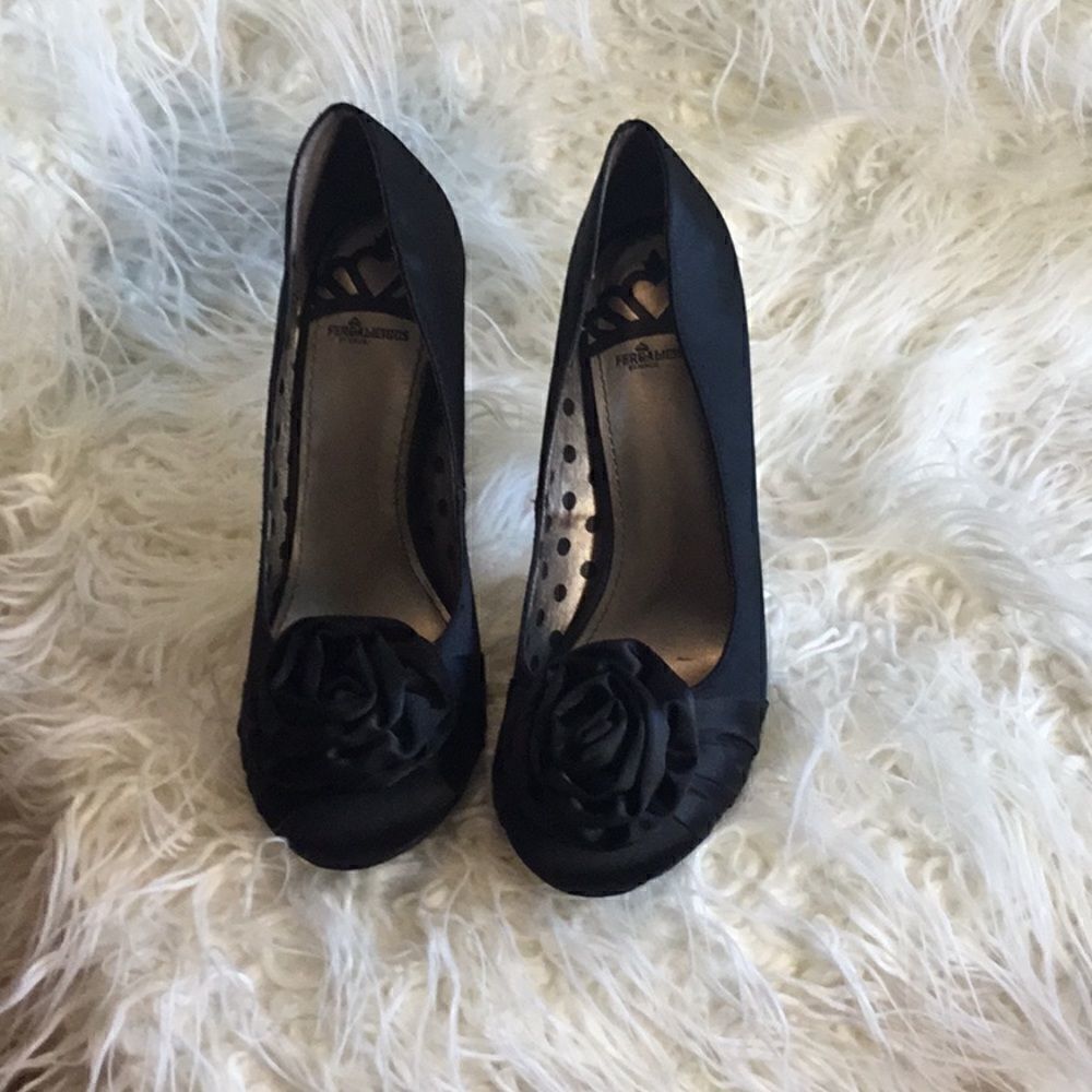 Black heels with fabric upper with roses at toe, shiny heels by FERGALICIOUS